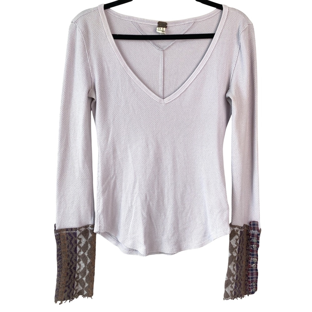 Free People Womens Art School Thermal Top M Purple Embroidered Cuffs Layered